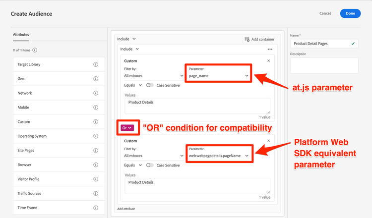 Cómo ver y actualizar una audiencia de Target para comprobar la compatibilidad con el SDK web de Platform