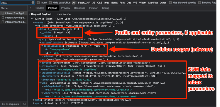 Elementos específicos de destino de la carga útil del SDK web de Platform