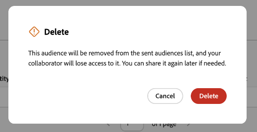Cuadro de diálogo de confirmación de eliminación de audiencia enviada que explica que se eliminará la audiencia y que el colaborador perderá el acceso, con los botones Cancelar y Eliminar.