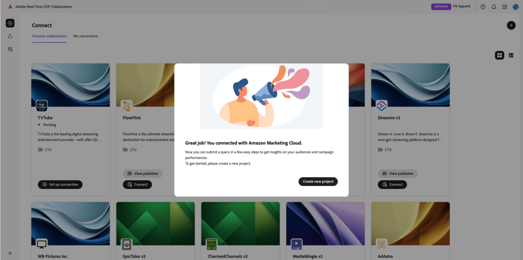 Mensaje de confirmación que indica una conexión correcta con Amazon Marketing Cloud.