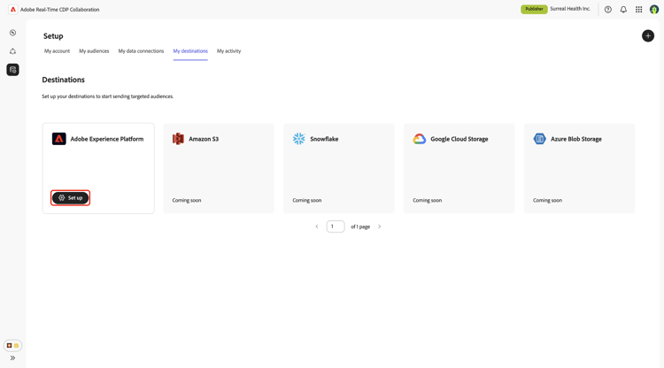Área de trabajo Mis destinos con la opción de configuración resaltada para el destino de Adobe Experience Platform.