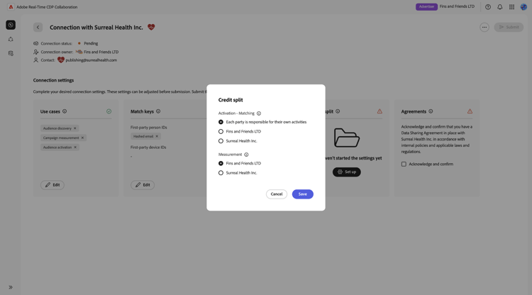 Pantalla de configuración de conexión que muestra la funcionalidad de división de crédito.