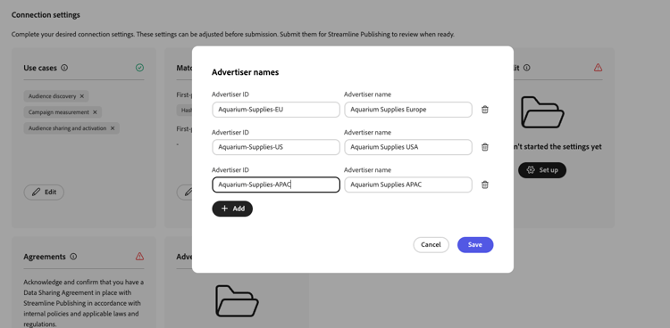 Pantalla de configuración de conexión que muestra los nombres e ID del anunciante de configuración del publicador.