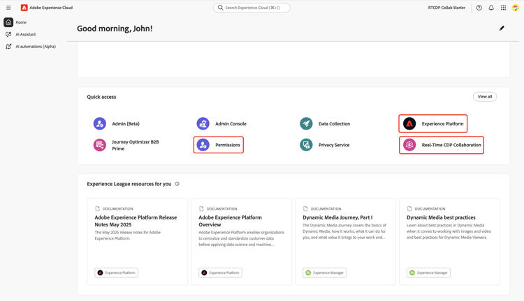 Espacio de trabajo de Adobe Experience Cloud que muestra permisos, Experience Platform y Real-Time CDP Collaboration después de configurar el acceso de administrador de productos.