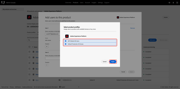 El cuadro de diálogo Seleccionar perfiles de producto con las opciones AEP-Default-All-Users y Default Production All Access seleccionadas y Aplicar resaltadas.