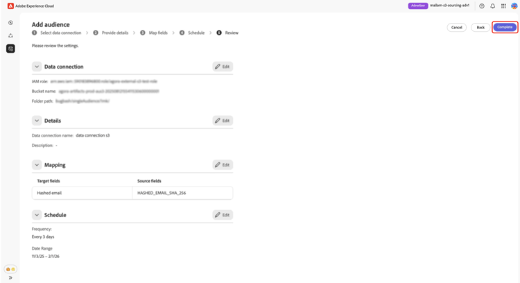 La pantalla de resumen de revisión muestra las secciones de conexión de datos, detalles, asignación y programación.