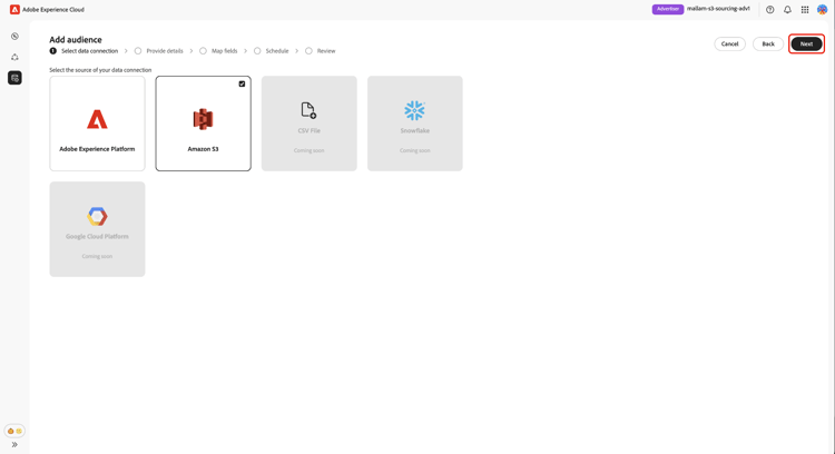 La pantalla de selección de conexión de datos con Amazon S3 está disponible como opción seleccionable.
