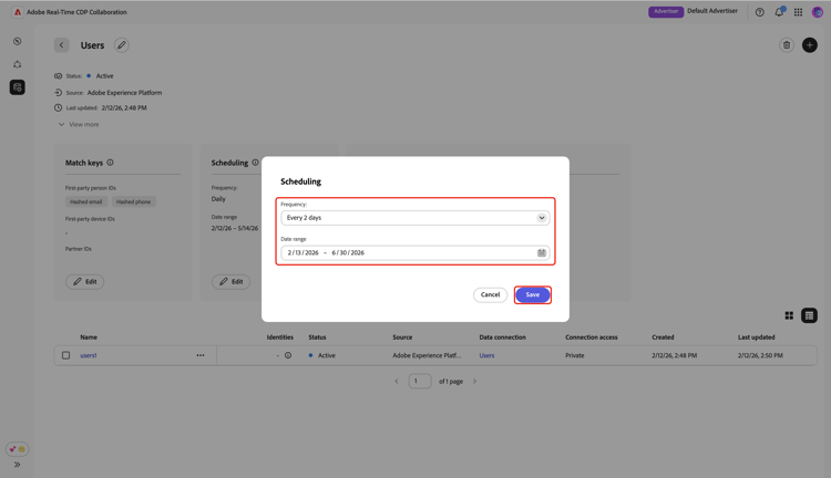 Cuadro de diálogo Programación que resalta las actualizaciones y la opción Guardar.