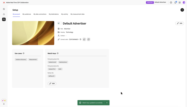 Se ha actualizado correctamente un cuadro de diálogo correcto que confirma que las claves de coincidencia de la cuenta.