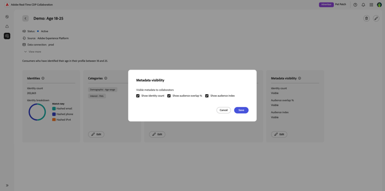 Cuadro de diálogo de visibilidad de metadatos con las opciones disponibles mostradas.