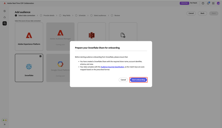 Prepare su Snowflake Share para el cuadro de diálogo de incorporación con un vínculo a las especificaciones de fuentes de audiencias.