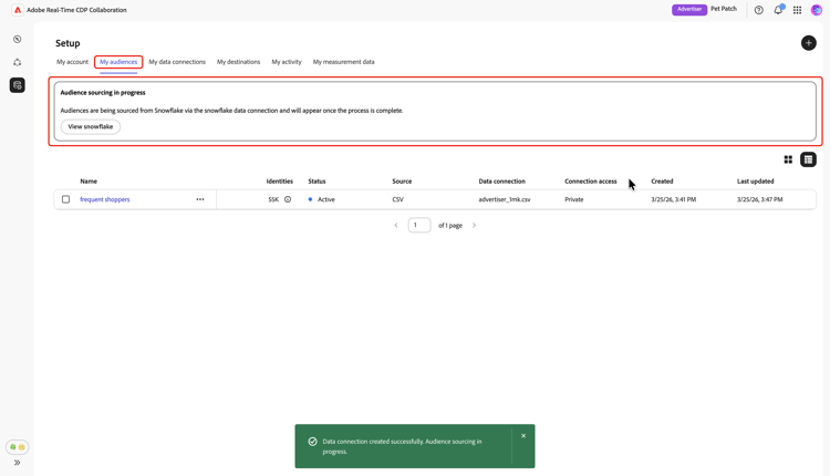 La pestaña Mis audiencias muestra el banner Fuente de audiencias en curso.