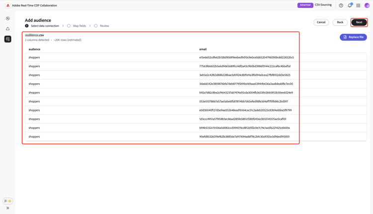 Obtenga una vista previa de los datos de audiencia de ejemplo desde el archivo CSV.