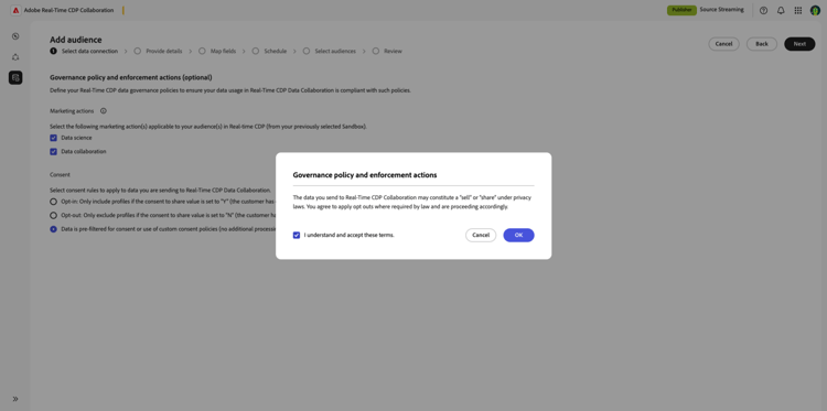 Cuadro de diálogo Directiva de gobernanza y acciones de aplicación con la casilla de verificación y la opción Aceptar resaltadas.