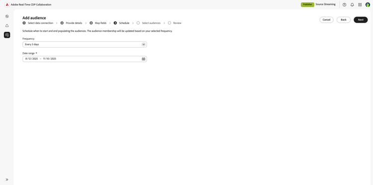 Espacio de trabajo Agregar audiencia con las opciones de programación mostradas.