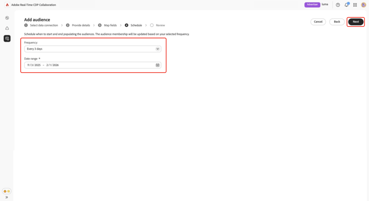 Pantalla de configuración de programación con opciones de frecuencia de actualización y configuración de intervalo de fechas.