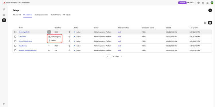Área de trabajo Mis audiencias con el menú de los tres puntos abierto y las opciones Editar categorías y Eliminar resaltadas.