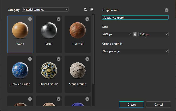 Cuadro de diálogo Nuevo gráfico de Substance - Muestras de material