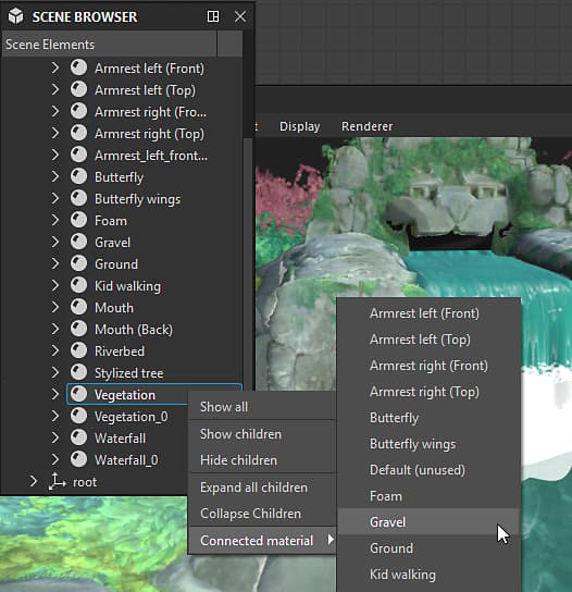 Explorador de escenas: material conectado