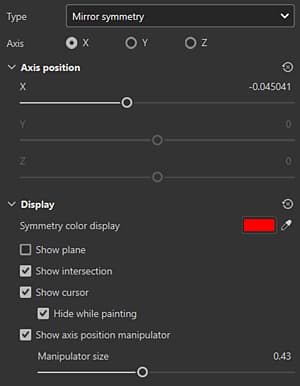 Captura de pantalla de la configuración de simetría de espejo