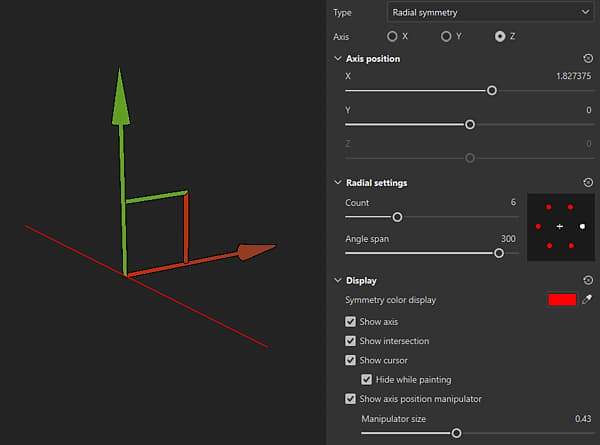 Captura de pantalla del panel de configuración de la simetría radial con el manipulador visible en la ventana gráfica.