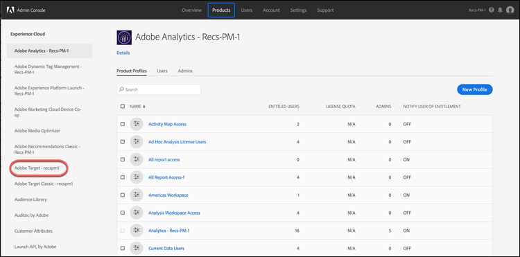 Elija el producto en Adobe Admin Console