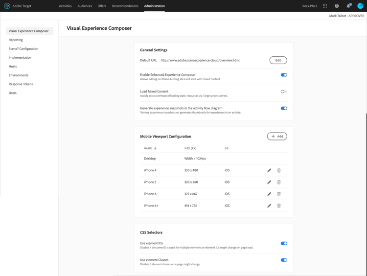 Página de configuración del Compositor de experiencias visuales