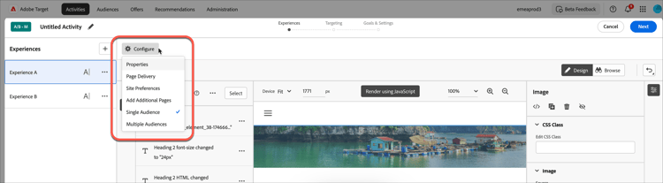 Opciones de configuración de actividades