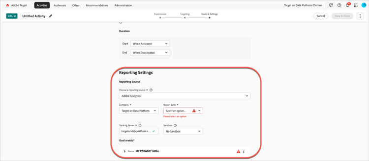 Sección Reporting Source en la página Objetivos y configuración