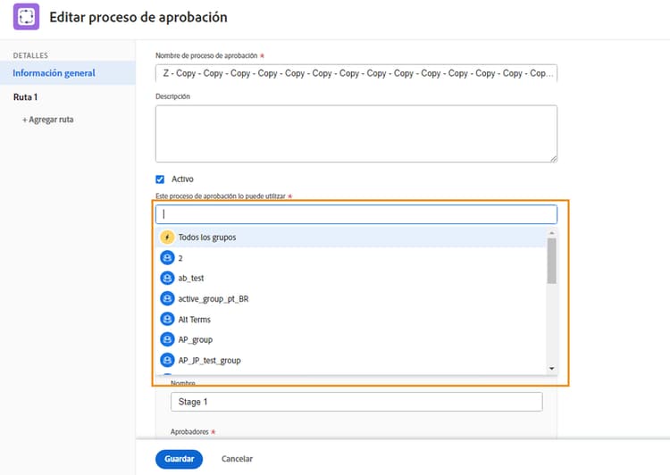 Editar proceso de aprobación con campo de grupo expandido