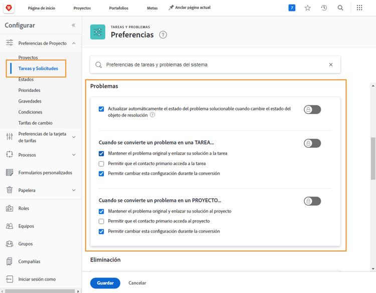 Tareas y problemas con la sección de Problemas resaltada