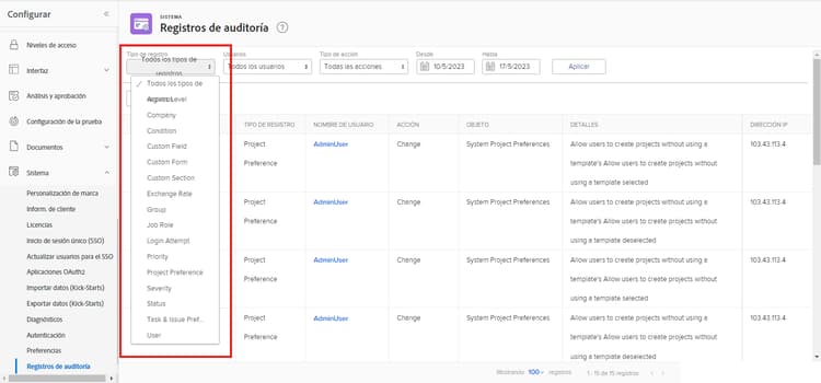 Tipo de registro en la página Registros de auditoría en Configuración