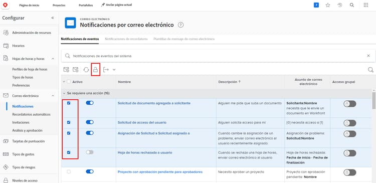 Acceso a grupos en la página Notificaciones por correo electrónico