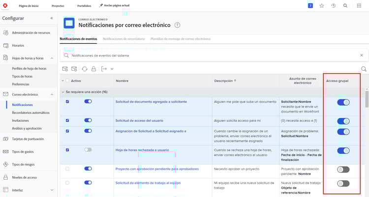 Acceso a grupos en la página Notificaciones por correo electrónico
