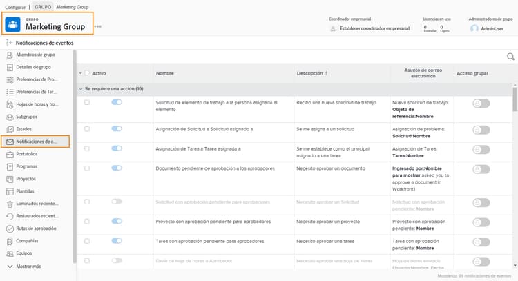 Acceso a grupos en la página Notificaciones por correo electrónico