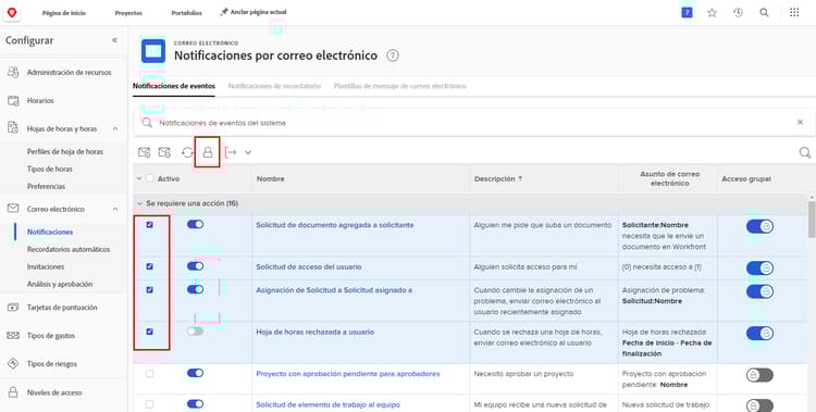 Acceso a grupos en la página Notificaciones por correo electrónico
