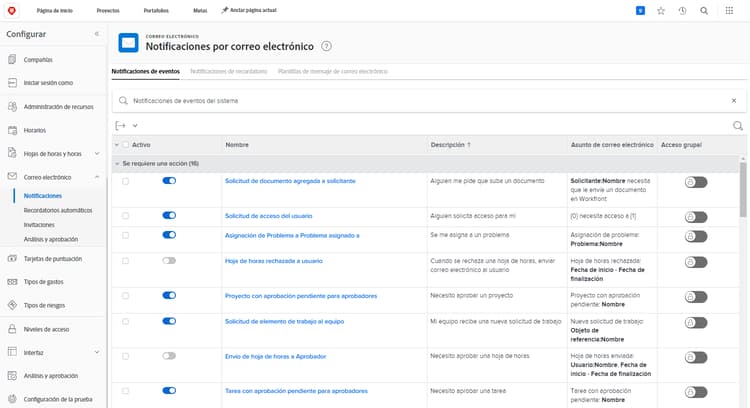 Notificaciones por correo electrónico en el área Configuración