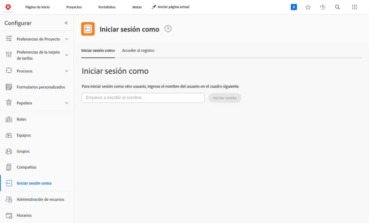 Iniciar sesión como en el área Configuración