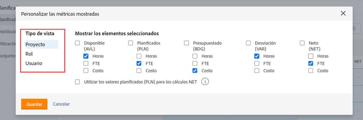 Opciones de tipo de vista