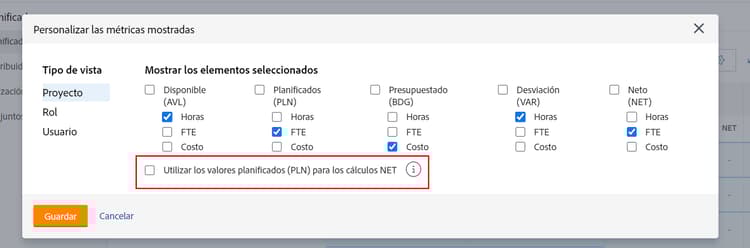 Usar valores planificados en la opción cálculos NETOS