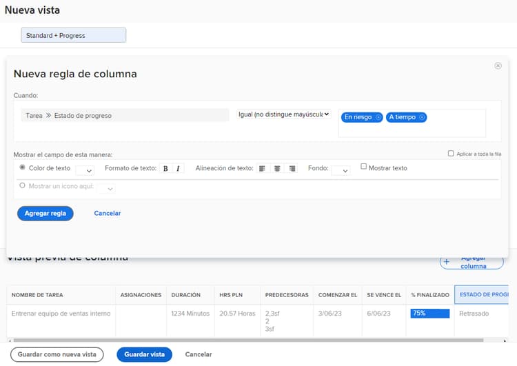Imagen de la pantalla para crear una nueva regla de columna