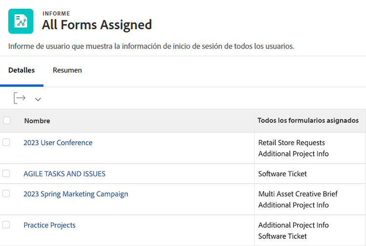 Una imagen de pantalla que muestra todos los formularios personalizados de un proyecto