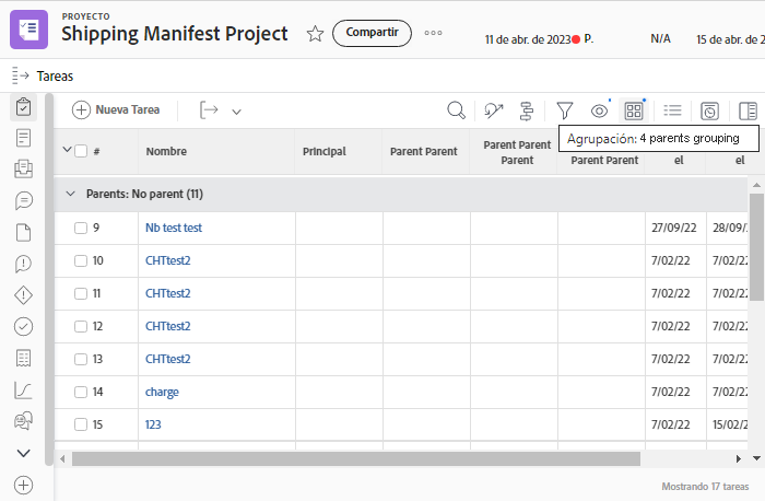 Una imagen de pantalla que muestra las tareas del proyecto agrupadas por cuatro elementos principales