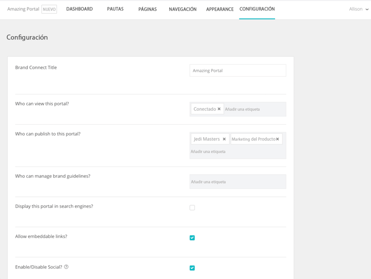 Captura de pantalla del panel de configuración de Brand Connect