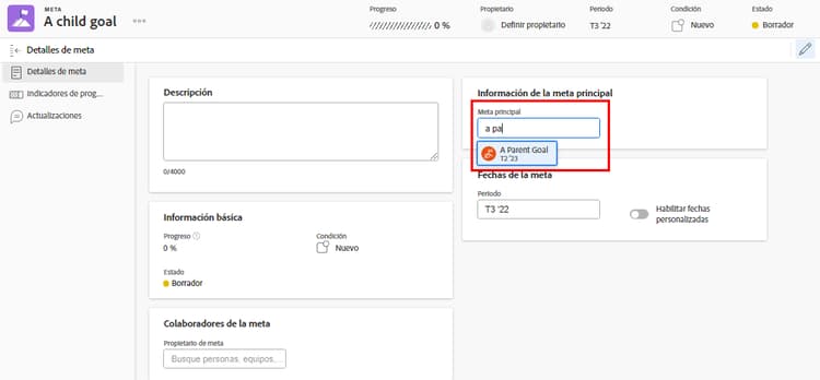 Captura de pantalla del panel Detalles de la meta que muestra el panel de Información de la meta principal