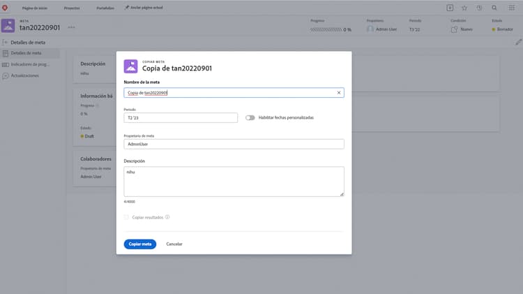 Una imagen del panel Detalles de la meta en Workfront Goals con la opción Copiar