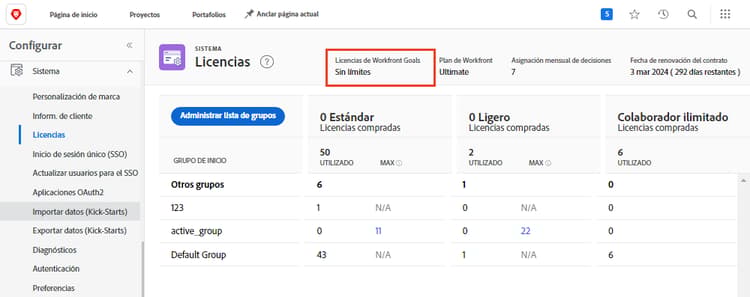 Captura de pantalla del número de licencias de Workfront Goals en el área Configuración de Workfront