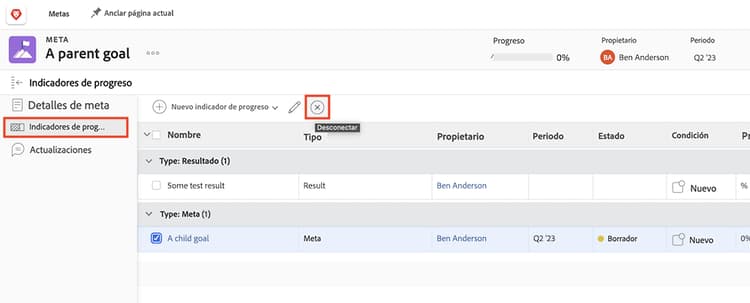 Captura de pantalla de la opción Quitar alineación en Workfront Goals