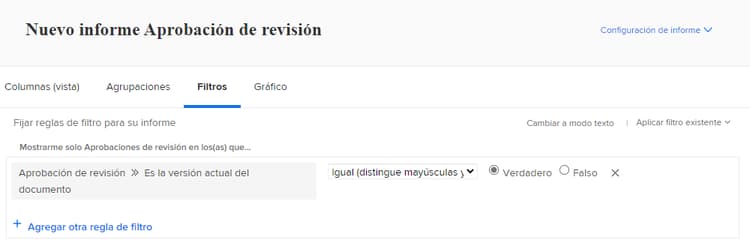 Pestaña Filtros del Creador de informes