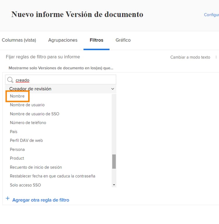 Pestaña Filtros del Creador de informes